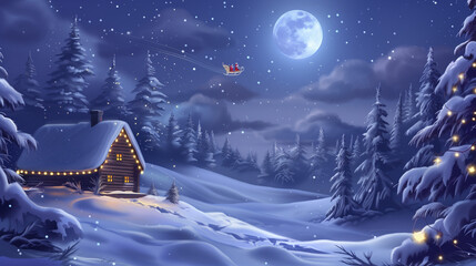 Snow-covered landscape with pine trees, twinkling lights, and a cozy cabin. Santa's sleigh flying across the moonlit sky