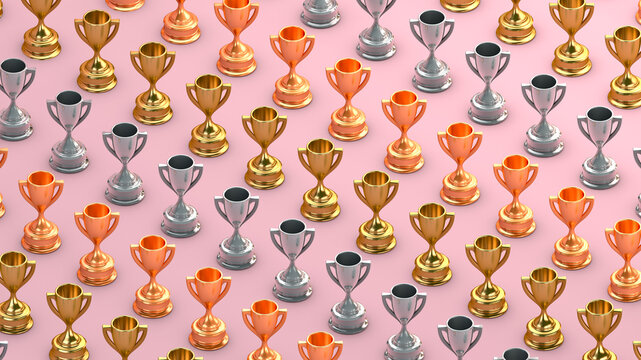 Isometric gold, silver, bronze trophy pattern on pink background 3D illustration render.