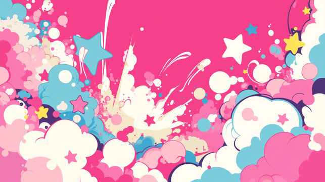 Fototapeta コミックアート風の煙、雲、星が爆発するポップな背景イラスト