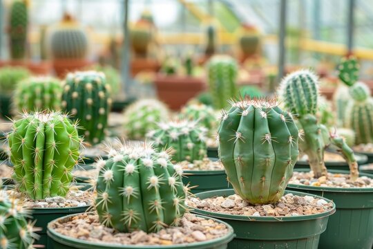 Indoor Espostoa lanata cactus with white fur in greenhouse with gardener tools desert plants and decorations Trendy green cactus collection with co