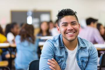 Fototapeta premium Smiling Latino College Student in Bright Classroom Setting