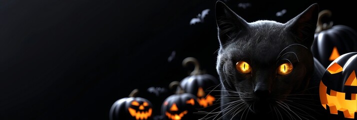 Halloween Black Cat and Pumpkins on Black Background Copy Space 3D Rendering