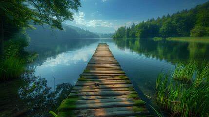 A vibrant nature spring landscape with a wooden boardwalk extending over the water, the calm surface reflecting the sky