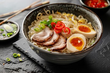 Japanese cuisine ramen with chashu pork in gray bowl on black slate Asian cuisine soup