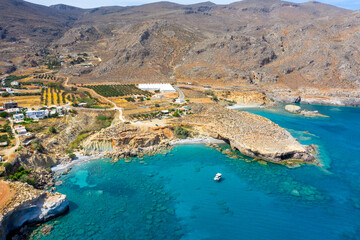 Fototapeta premium Famous sandy beach of Kalo Nero and Staousa near Makris Gialos, Crete, Greece.