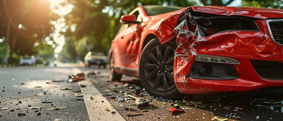 red car has been in an accident stands smashed at the kerb against an empty road. Concept of auto insurance or road safety. Generative ai