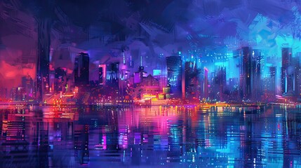 Obraz premium Futuristic city. Concept Art. Cityscape at night with bright neon lights. 3D illustration. AI generated illustration
