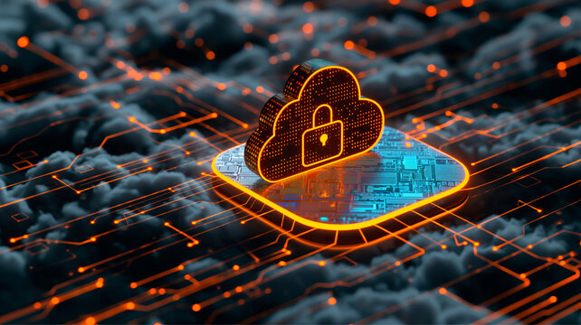Abstract illustration of cloud security services, stylized cloud icon integrated with a secure padlock symbol, representing data protection and cybersecurity in cloud computing environments