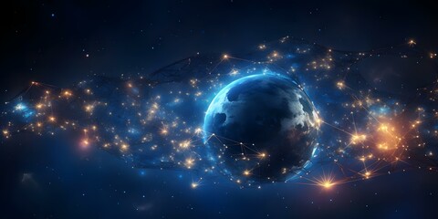 Obraz premium Interconnecting Planets in Space A Digital Global Network with Abstract Dark Blue Background. Concept Digital Art, Interconnected Planets, Global Network, Space Background, Abstract Design