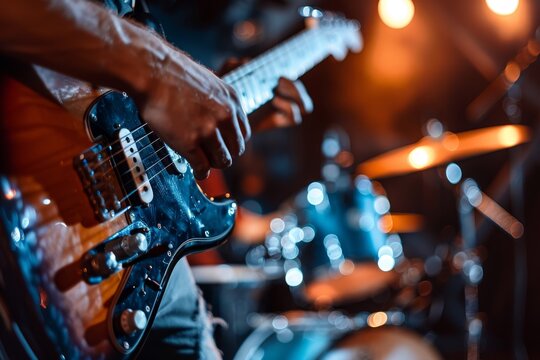 Lead guitarist plays chord in front of blurred drum kit hand strums electric guitar strings