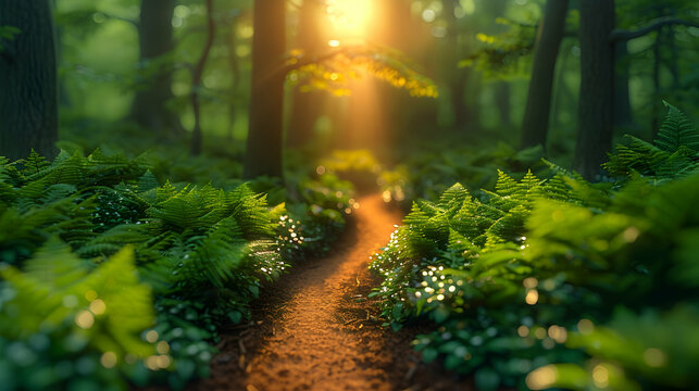A vibrant nature thicket landscape with a narrow path winding through the dense vegetation