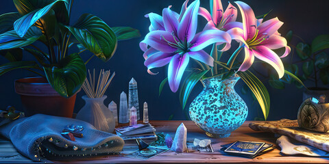 Midnight Desk: Ethereal desk with a moonlit vase of lilies, a set of crystals, a few sage leaves, and a tarot deck.
