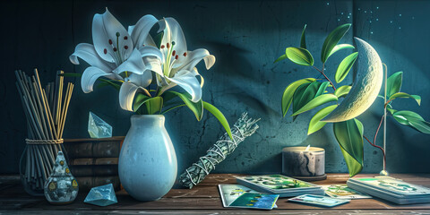 Midnight Desk: Ethereal desk with a moonlit vase of lilies, a set of crystals, a few sage leaves, and a tarot deck.