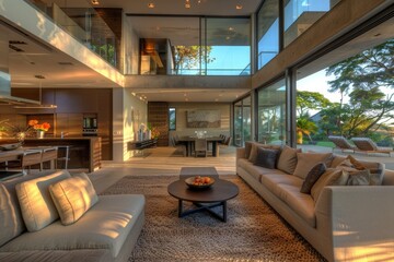 Luxurious interior with living room sofa and pillows near round table on carpet by kitchen and glass door to outside