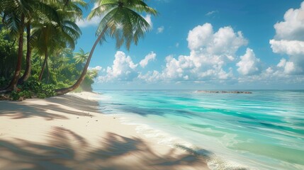 Obraz premium A tropical beach with palm trees and turquoise water photorealistic and relaxing, generated with AI