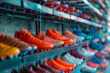 Many cleats and soccer boots on shoe rack ready for player training or match at football club