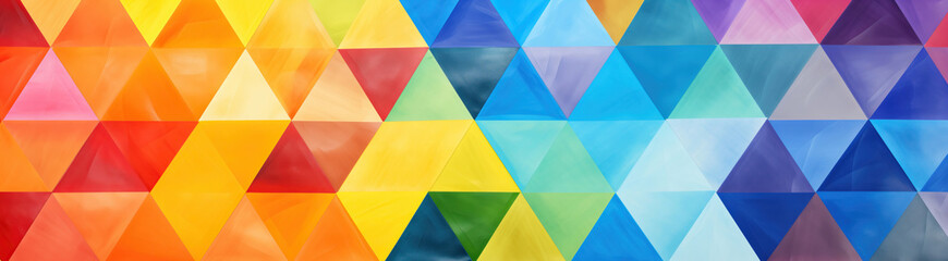 A close-up image of a vibrant abstract wall art featuring a repeating pattern of triangles painted in a range of warm and cool colors