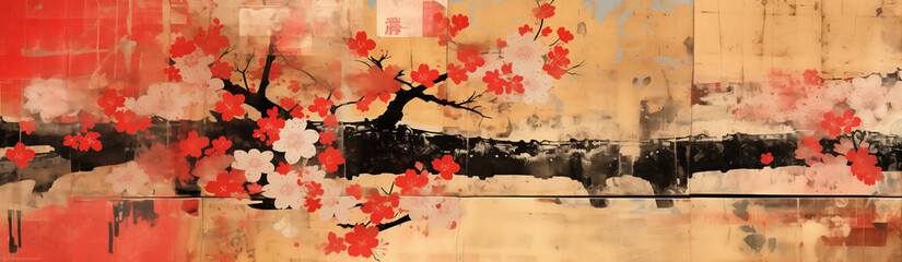 A close-up painting of a tree branch with cherry blossoms, rendered in a bold, abstract style. The colors are rich and vibrant, with splashes of red, pink, and white against a warm, earthy background