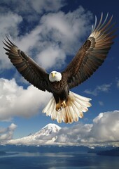 Obraz premium Majestic bald eagle soaring high above a beautiful snow-capped mountain with blue sky and clouds background, symbol of freedom and strength