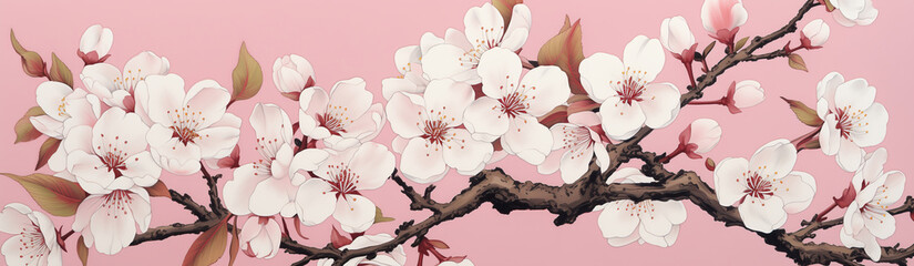 A close-up image of white blossoms blooming on a peach tree branch against a soft pink background. The delicate flowers are in full bloom, showcasing their beauty and fragility