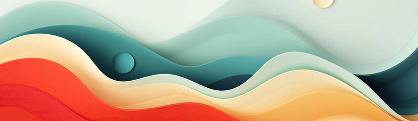 A digital illustration depicting a curved shapes in vibrant colors. The foreground features a bright red layer, while the background showcases a calming mix of blues, greens, and yellows