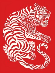 Classic chinese papercuts tiger on a red background in the style of cryptid academia, generated with AI