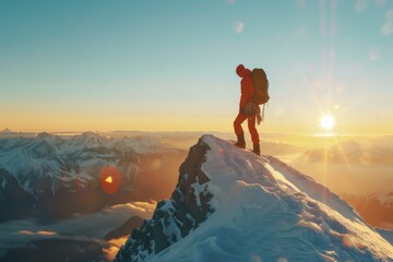 Fototapeta premium Climber on top of majestic mountain recreating an image that looks like he is touching the sun, generated with AI