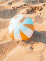 Obraz premium Close up of a Light Brown and white inflatable beach ball on the sand beautiful vacation background, generated with AI