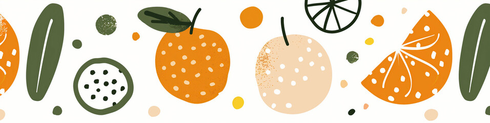 A colorful illustration featuring oranges, leaves, and dots in a repeating pattern