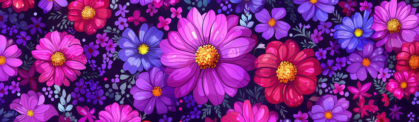A vibrant tapestry of purple, pink, and blue flowers in full bloom. A close-up image of a colorful floral pattern with various shades of purple, pink, and blue flowers