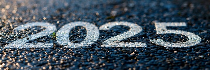 2025 new year number on black asphalt road with clear white dividing lines for enhanced visibility