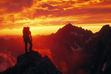 Fototapeta premium Silhouette of a Mountain Climber on a Peak During a Breathtaking Sunset