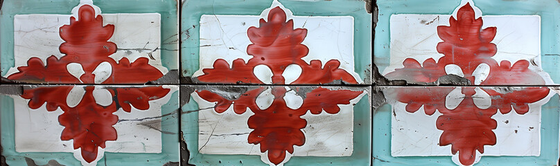 Close-up of three ceramic tiles featuring a red floral pattern with white accents. The tiles have a worn, rustic look, suggesting a vintage origin