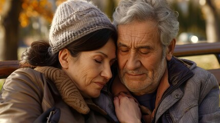 Fototapeta premium A husband and wife sitting on a bench comforting each other while their aging parent rests nearby