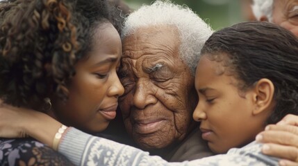 A family gathering with multiple generations hugging and caring for their elderly relative