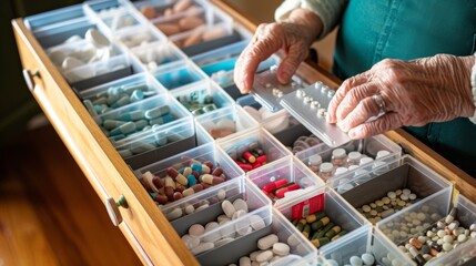 A caregiver organizing and managing multiple medications for a patient with a chronic illness