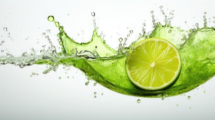 Fresh lime slice splashing in water, creating a refreshing and vibrant scene, perfect for summer and beverage themes.