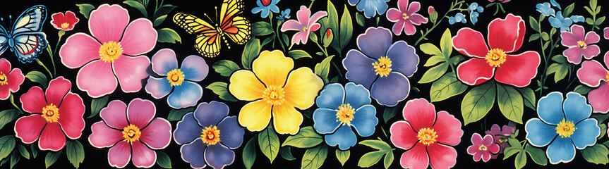 A colorful painting depicting a close-up view of a summer garden filled with blooming flowers and butterflies