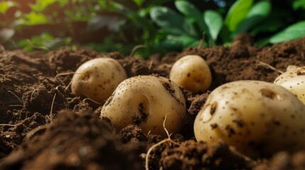 A closeup view of freshly dug earth with several potatoes emerging from it, generated with AI
