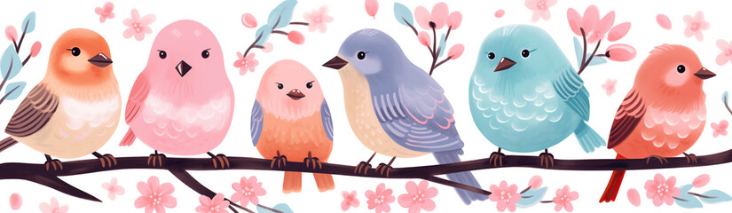 A colorful gathering of birds on a spring branch. A whimsical illustration of six colorful birds perched on a branch adorned with pink blossoms