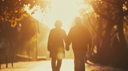 A hazy silhouette of an elderly couple holding hands walking towards the glowing sun symbolizing the strength and support of a loving relationship in later stages of life