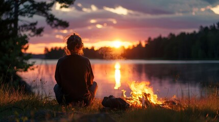 A peaceful silhouette of a person sitting in front of a campfire at sunset representing the restorative effects of nature and relationships on brain health