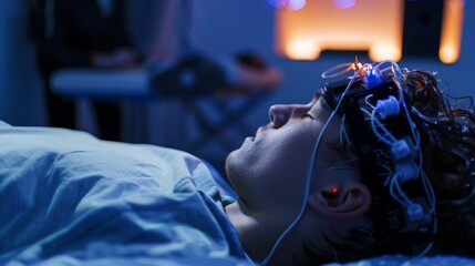An EEG headset being worn by a participant in a sleep study with researchers monitoring brain activity in the background