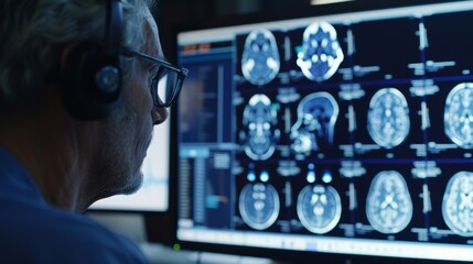 A computer screen displaying brain imaging data being analyzed by a team of neuroscientists in a clinical study on dementia