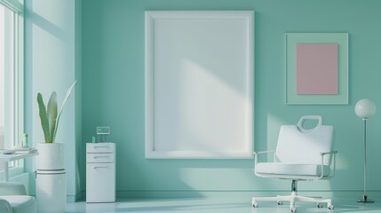 A large white blank poster frame is hanging on the wall of an empty room.