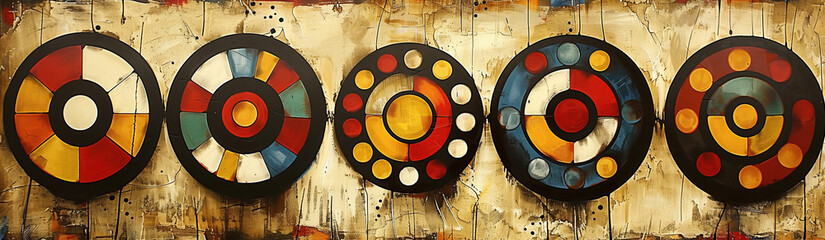 Five vibrant circular abstract artworks on a canvas background. An abstract painting featuring five circular designs in a variety of colors and patterns, set against a textured, muted background