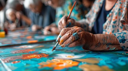 Obraz premium An image of seniors participating in an art therapy activity as part of their group therapy session providing a creative outlet for selfexpression and brain stimulation
