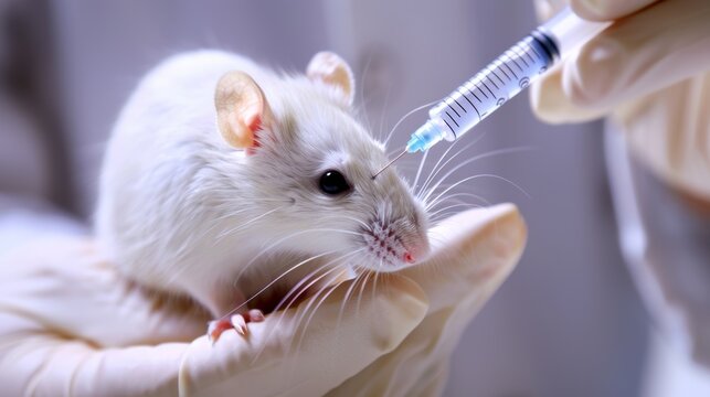 Closeup of a researcher injecting a mouse with a substance to study its effects on brain tumors in a preclinical research setting