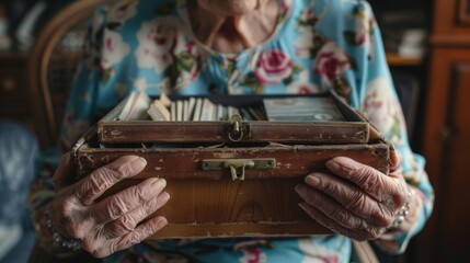 An elderly woman holding a memory box filled with items from her childhood with a look of nostalgia on her face