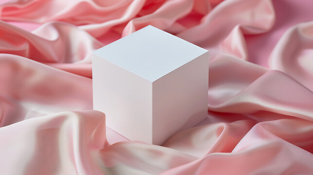 a plain white cube resting on a surface covered with pink satin fabric. The fabric features multiple folds and creases, creating an interesting texture around the cube